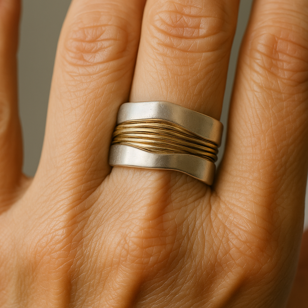 Anillo Alemán Hilos Dorados y Plateados.